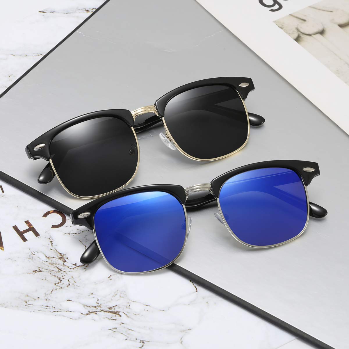 Gafas de sol retro semi sin montura con medio marco UV400 para hombres y mujeres, Negro - 7