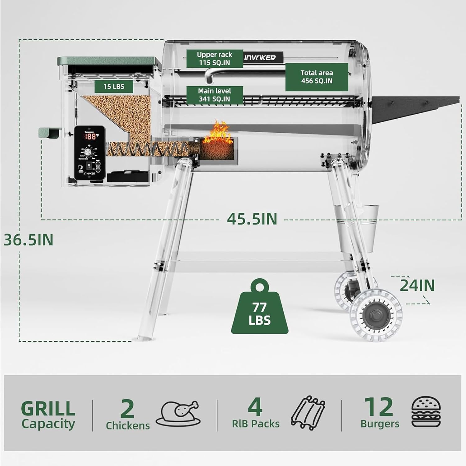 Holz Pellet Grill-Raucher, 6-in-1 Pellet Grill Smoker automatische Temperaturkontrolle Grillrost 456 Sq. im Bereich für Garten im Freien