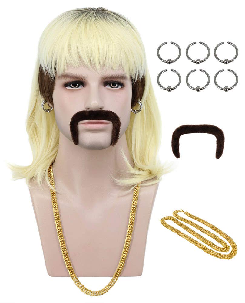 Karlery 70s 80s Rocker Mullet Wig Long Wave Blonde Dark Root Mutsache Wig with 6 Earrings and Golden Necklace Halloween Cosplay Wig