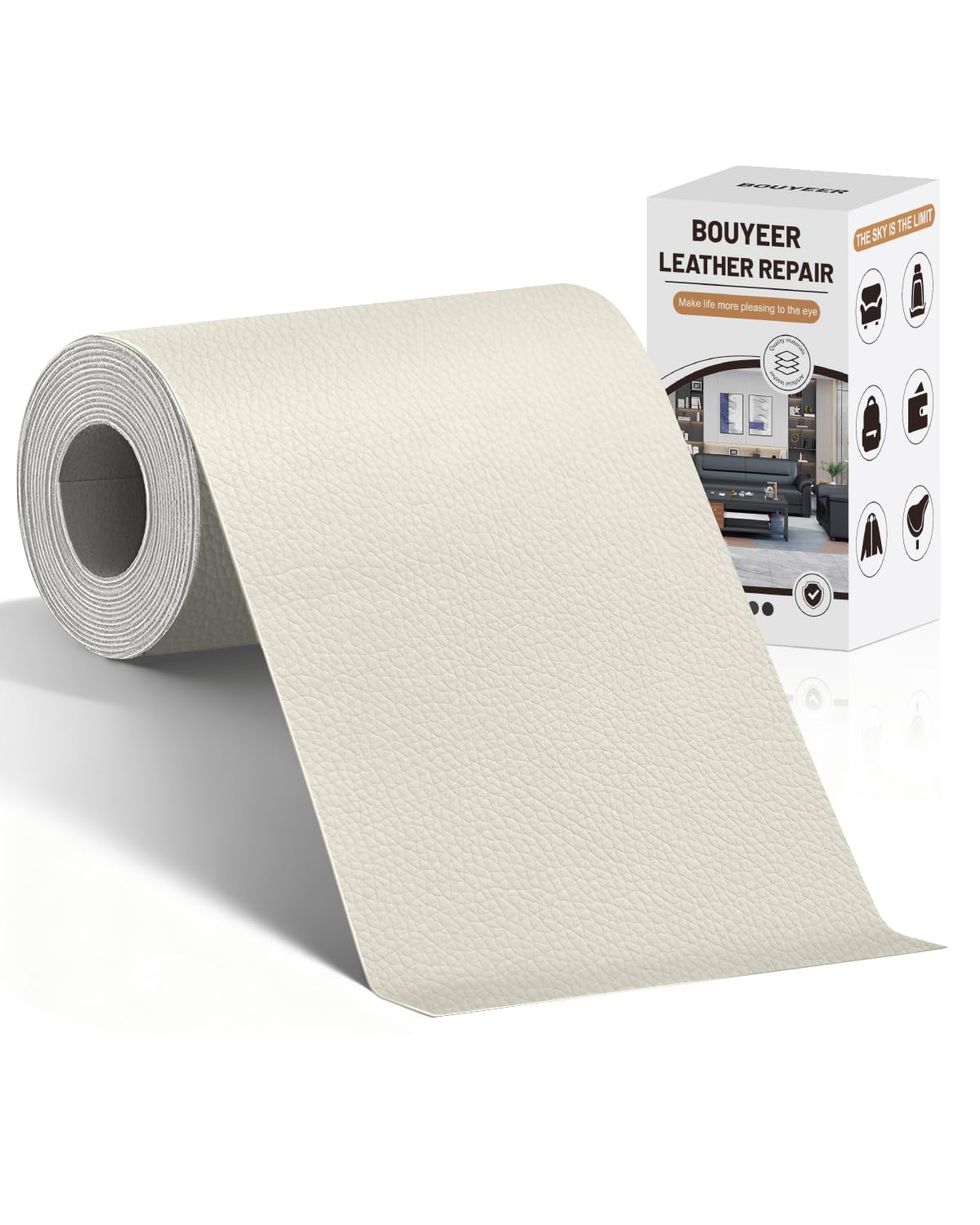 BOUYEER Pelle Adesiva per Riparazioni, 10x210 CM ecopelle toppe adesive per tessuti, Set Riparazione Ecologico & Senza Odori per Mobili/Divano/Sedili Auto/Borse/Restauro, Bianco avorio