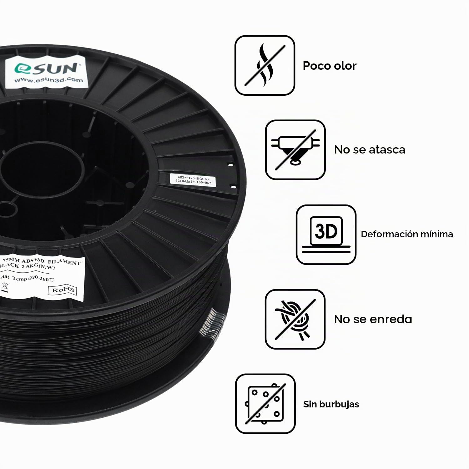 eSUN Filamento ABS+ 1.75mm, Impresora 3D Filamento ABS Plus, Precisión Dimensional +/- 0.05mm, 2.5KG Carrete (2.2 LBS) para Filamento de Impresión 3D, Negro