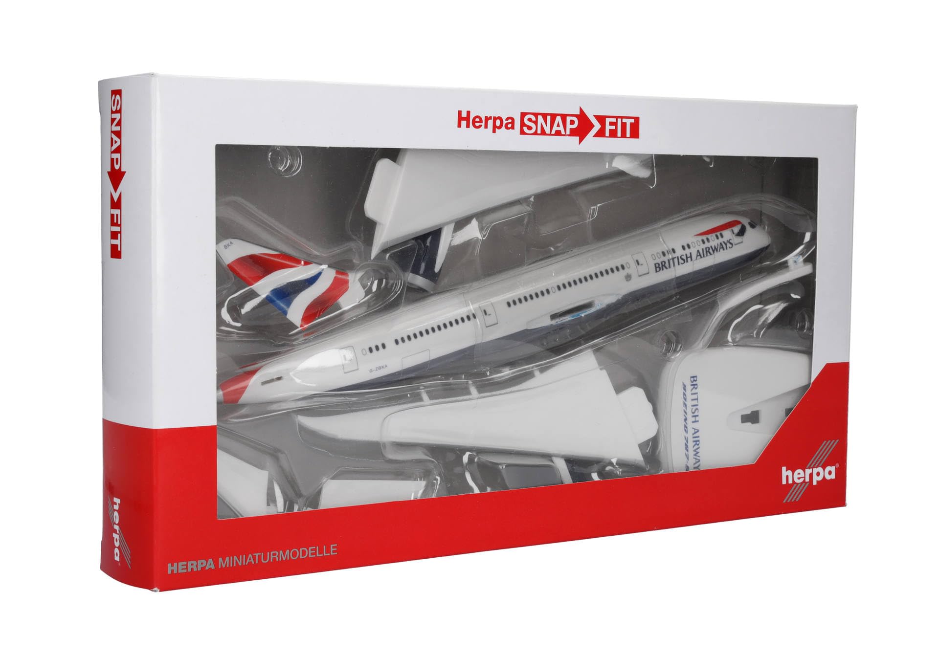 herpa Snap-Fit Modellflugzeug Boeing 787-9 British Airways - Dreamliner, Flugzeug, Miniatur im Maßstab 1:200, Sammlerstück, Modell mit Standfuß, Kunststoff, White