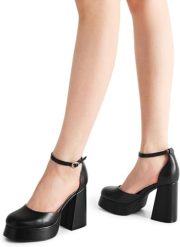 Miniatura 7 de DREAM PAIRS Zapatos de tacón alto con plataforma gruesa para mujer, puntera cerrada, correa al tobillo, para boda, fiesta, zapatos de tacón