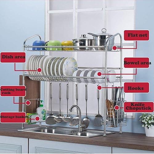 Miniatura 9 de uyoyous Estante de secado de platos de acero inoxidable 304 de 2 niveles para colocar sobre el fregadero, escurridor de platos estable para cocina,