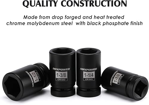 Miniatura 5 de MIXPOWER Juego de dados profundos de impacto de 1 pulgada, 9 piezas, 6 puntos, 1" - 2", CR-MO, SAE, profundo, 1" Dr. Deep husillo eje tuerca impacto