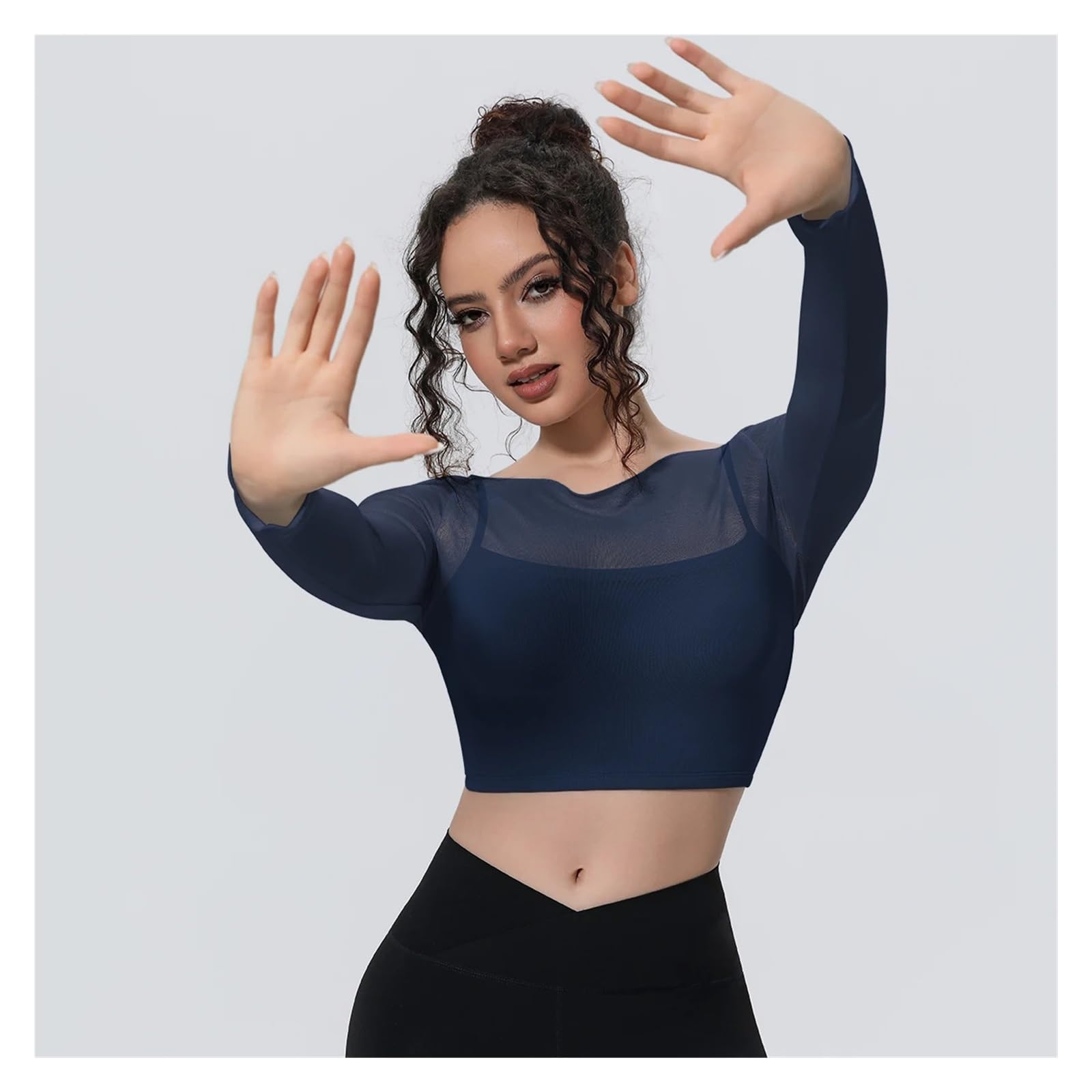 Top Yoga a Maniche Lunghe Donna Maniche Lunghe da Yoga | Top fitness traspirante estivo in falso reggiseno sportivo in due pezzi