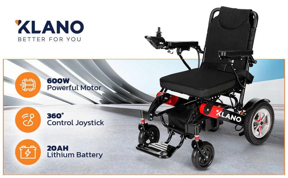 KL80 Klano Electric Wheelchair – 30 Miles Long Range, 600W Motor, Lightweight, Foldable, All-Terrain, Puncture-Free Wheels, Portable, Compact, Airline Approved, Adults & Seniors