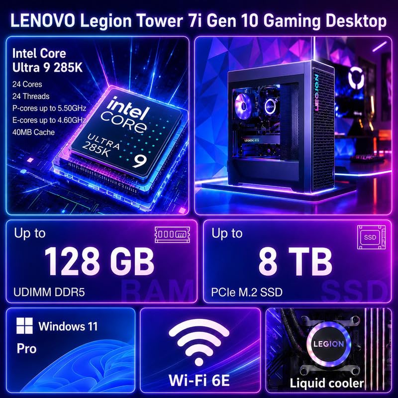 Image of Lenovo Legion Tower 7i Gen 10 Gaming Desktop PC, RTX 5080 16GB GDDR7, Intel Core Ultra 9 285K, 64GB DDR5 5600MT /s, 2TB SSD, Legion Coldfront Cooling, Windows 11 Pro, KB & Mouse