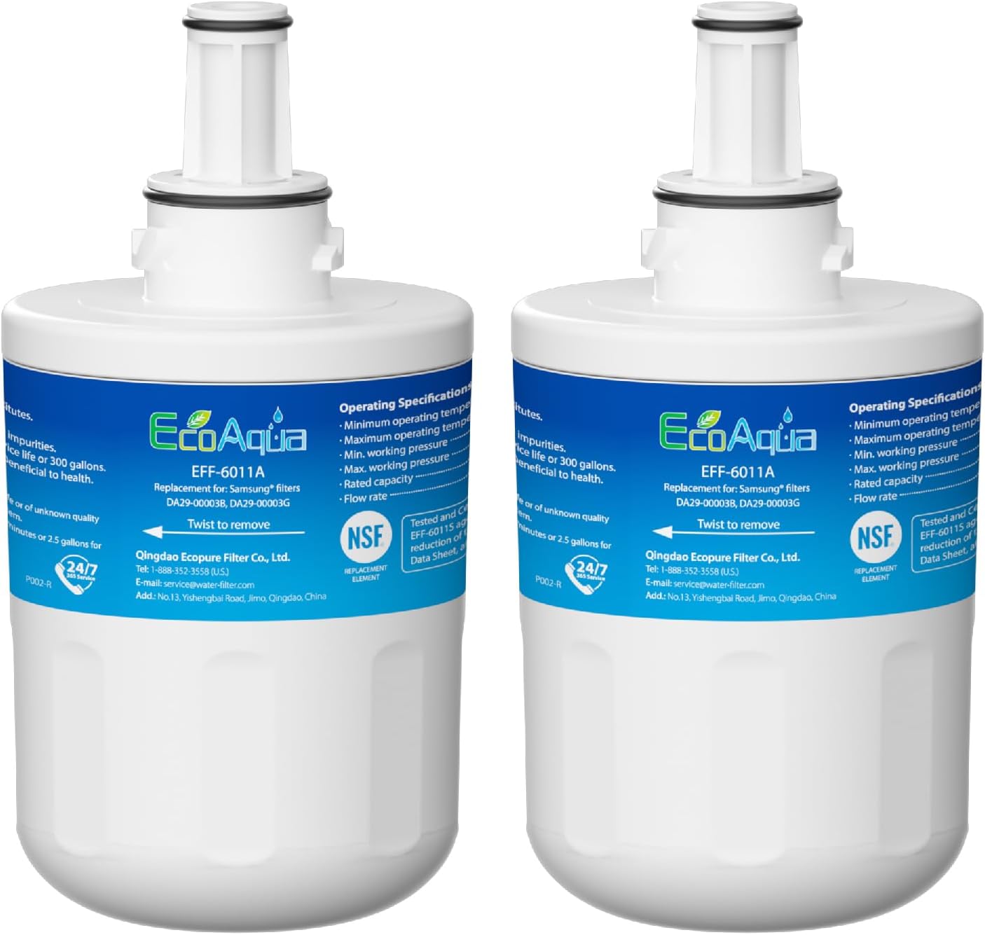 EFF-6011A Refrigerator Water Filter, Replacement for Samsung DA29-00003G, Aqua-Pure Plus, DA29-00003B, HAFCU1, DA29-00003A, 2 Filters