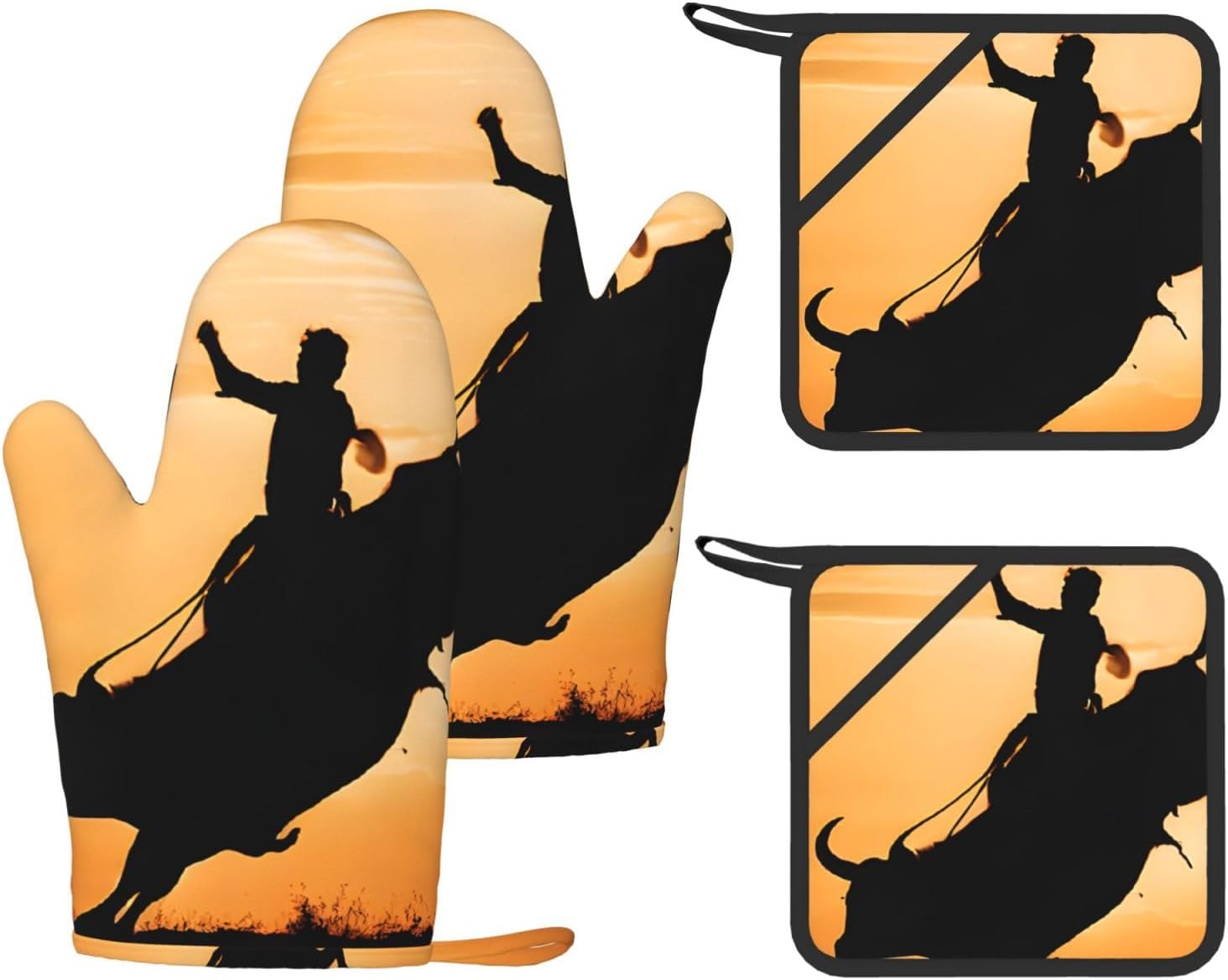 Cool Bull Riding 4pcs Oven Mitts and Pot Holders Sets for Kitchen, Silicone Oven Gloves Non-Slip Potholders Hot Pads for Baking Cooking