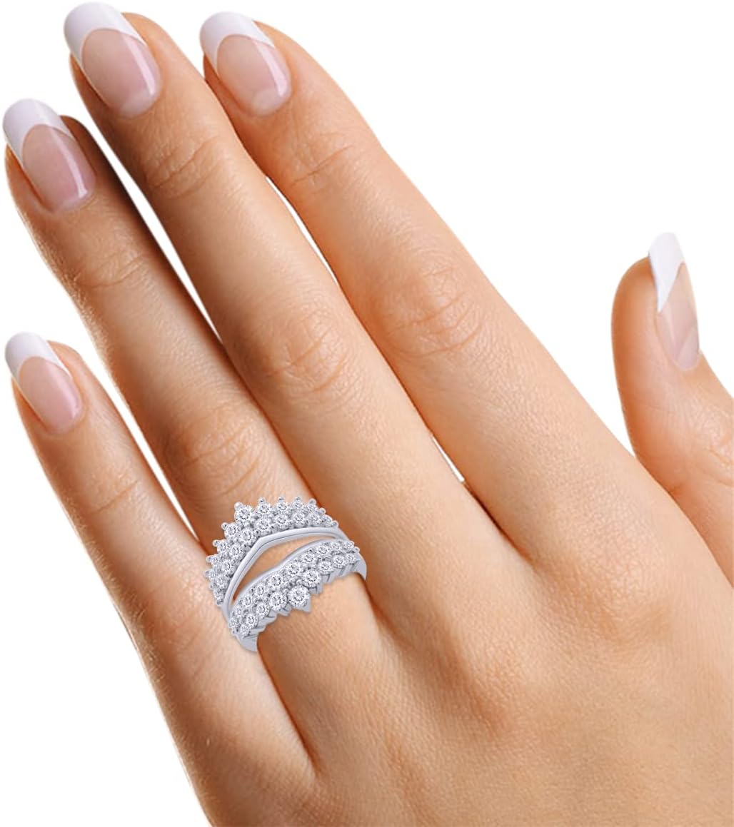 Double Row Enhancer Guard Ring for Women Round Lab Created Moissanite or Round Lab Grown Diamond Wedding Band Stacking Ring in 14K Gold Plated Sterling Silver Jewelry Gifts for Her - Image 7