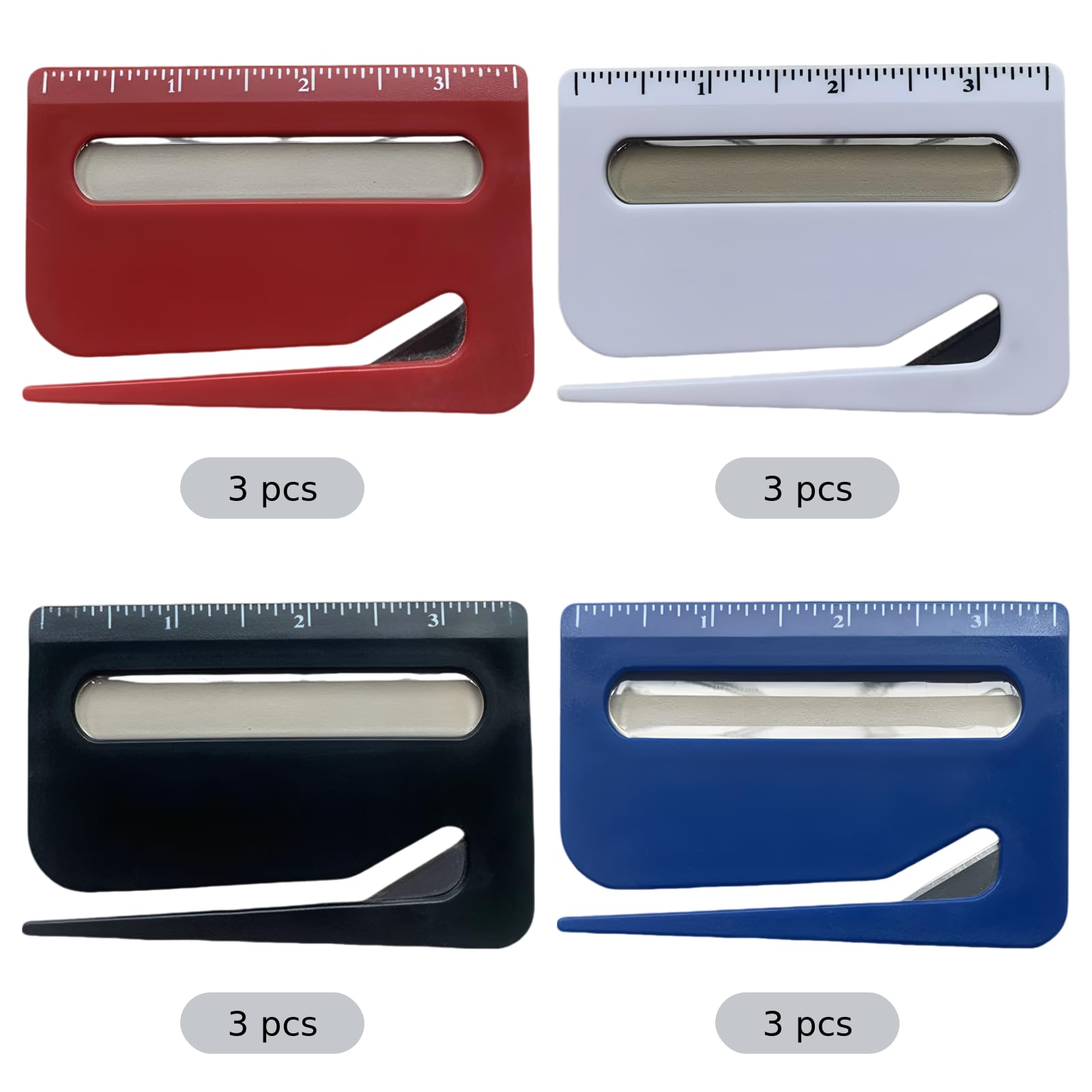 Lot de 12 ouvre-lettres multifonctions avec règle, loupe 3x et cutter à enveloppes en plastique, coupe-papier sûr pour bureau et maison, format carte de crédit, 3,7 x 2,6 x 0,12 po, couleurs assorties