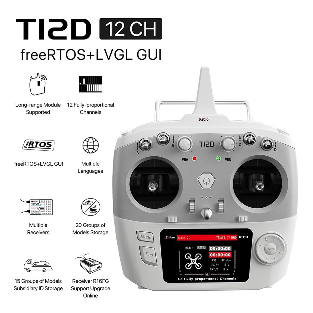 Per RadioLink T12D 12CH Trasmettitore RC + Ricevitore R12F 2.4GHz Controller Remoto per Drone FPV, Aeroplani A Ala Fissa e Automobili R