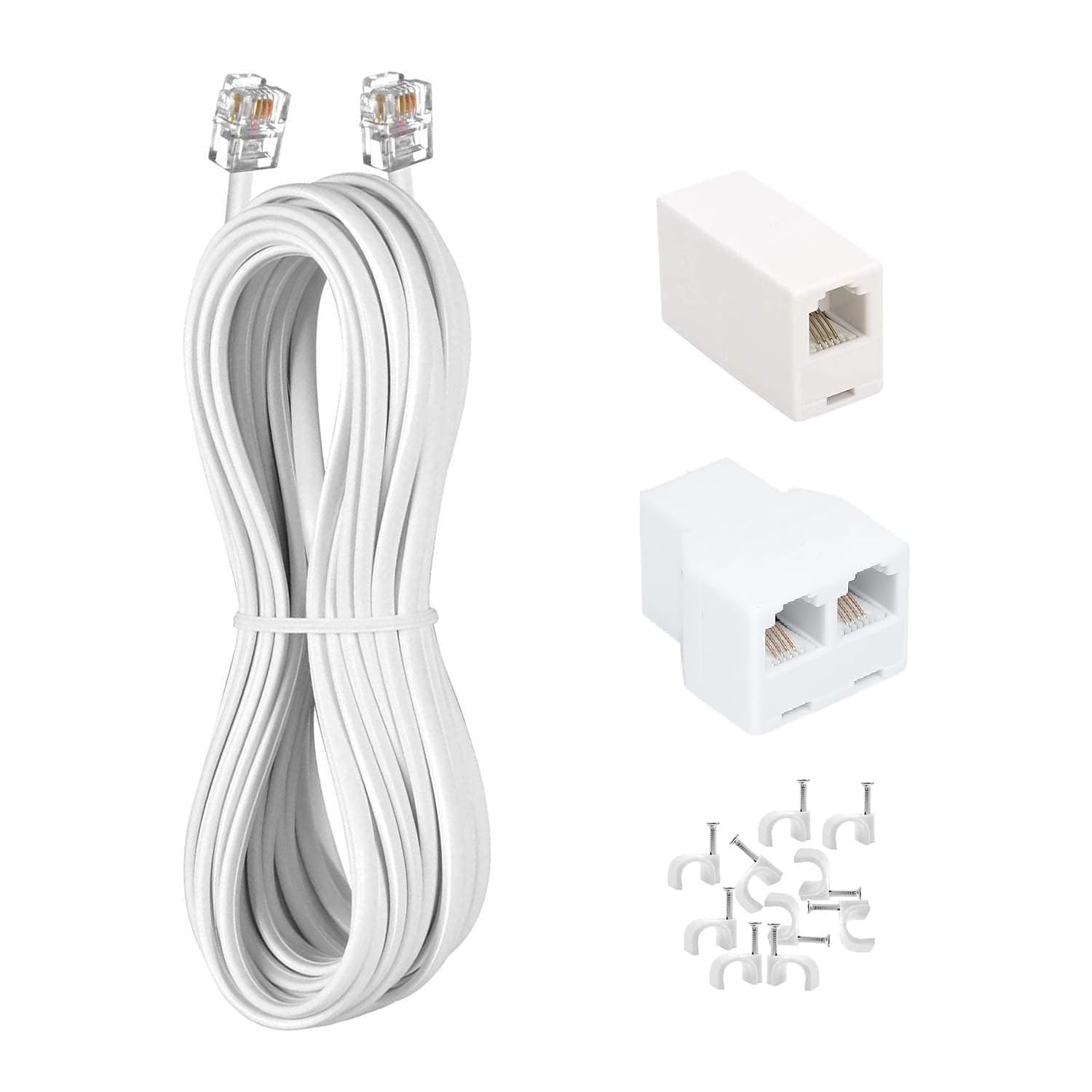 Langes Telefon-Verlängerungskabel, 10 m, weiß, Telefonkabel mit Standard-RJ11-Stecker, 1 Telefonleitungs-Splitter, 2,5 cm-Koppler und 25 Kabelclips für Telefongespräche, Kommunikation