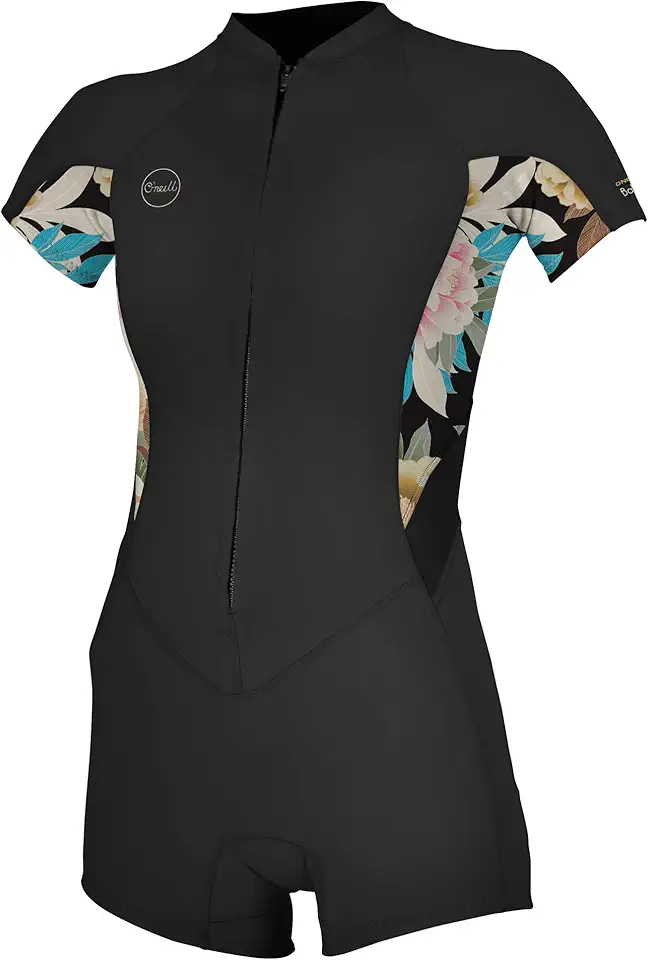 O'Neill Women's Bahia 2/1mm Full Zip, Short Sleeve, Spring Wetsuit, Glide-Black/Mikah Floral, 10