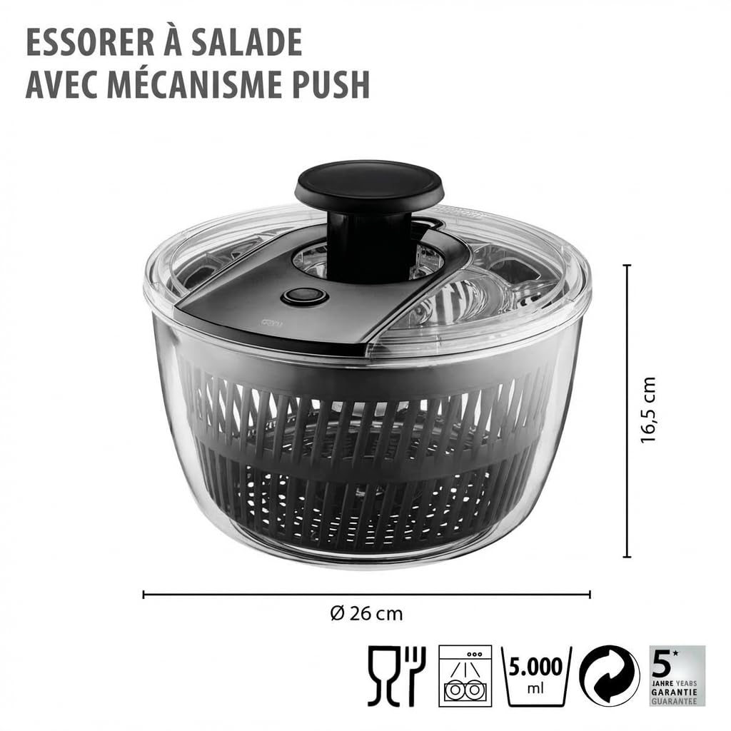 GEFU Essoreuse à Salade Rotative 5L - Sèche-Laitue avec Mécanisme Push | Bol de service transparent avec bouton stop, anneau antidérapant et passoire amovible, compatible lave-vaisselle