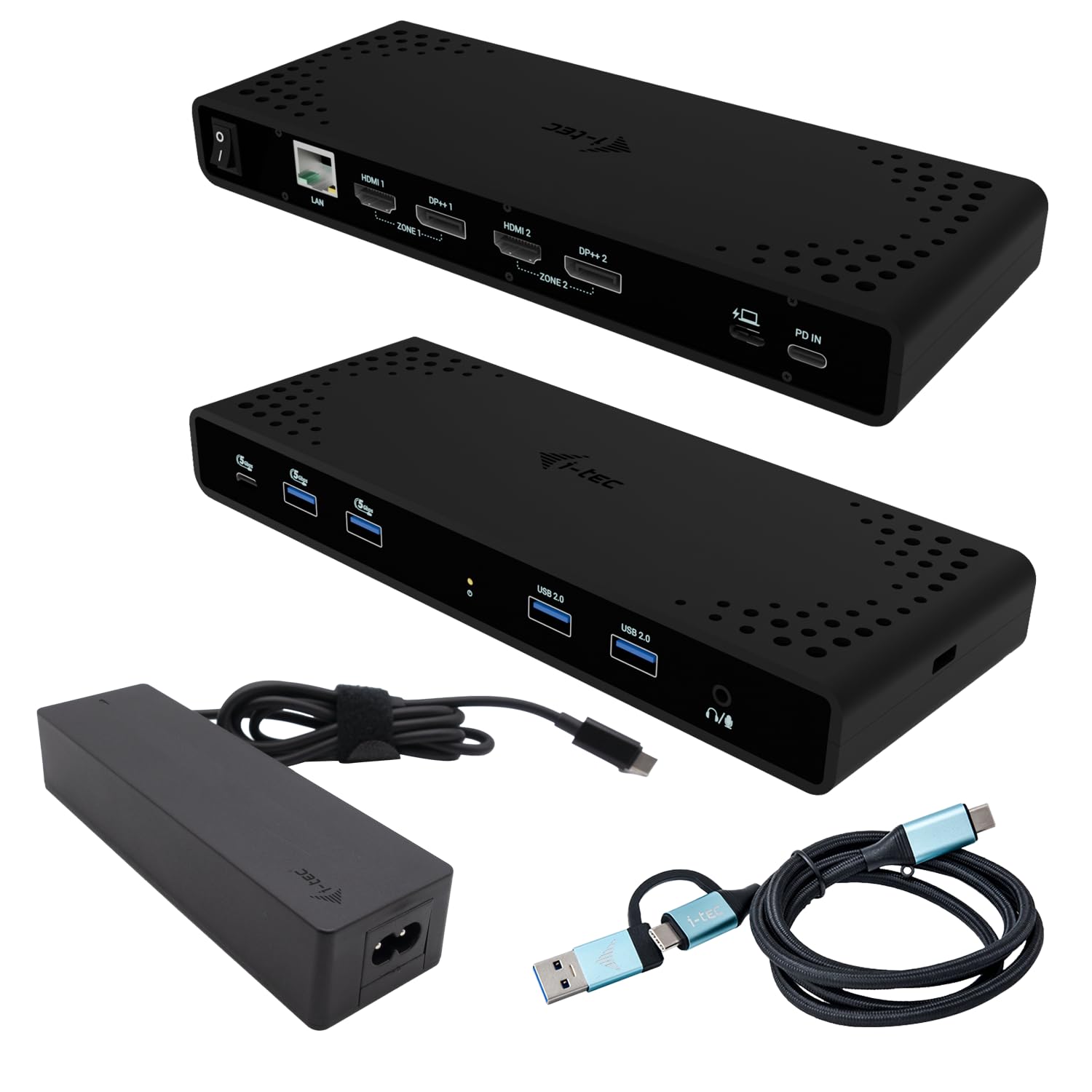 i-tec Universelle Dockingstation Dual 4K Display mit Stromversorgung 85W - 2X DisplayPort und 2X HDMI, 5X USB-Anschlüsse