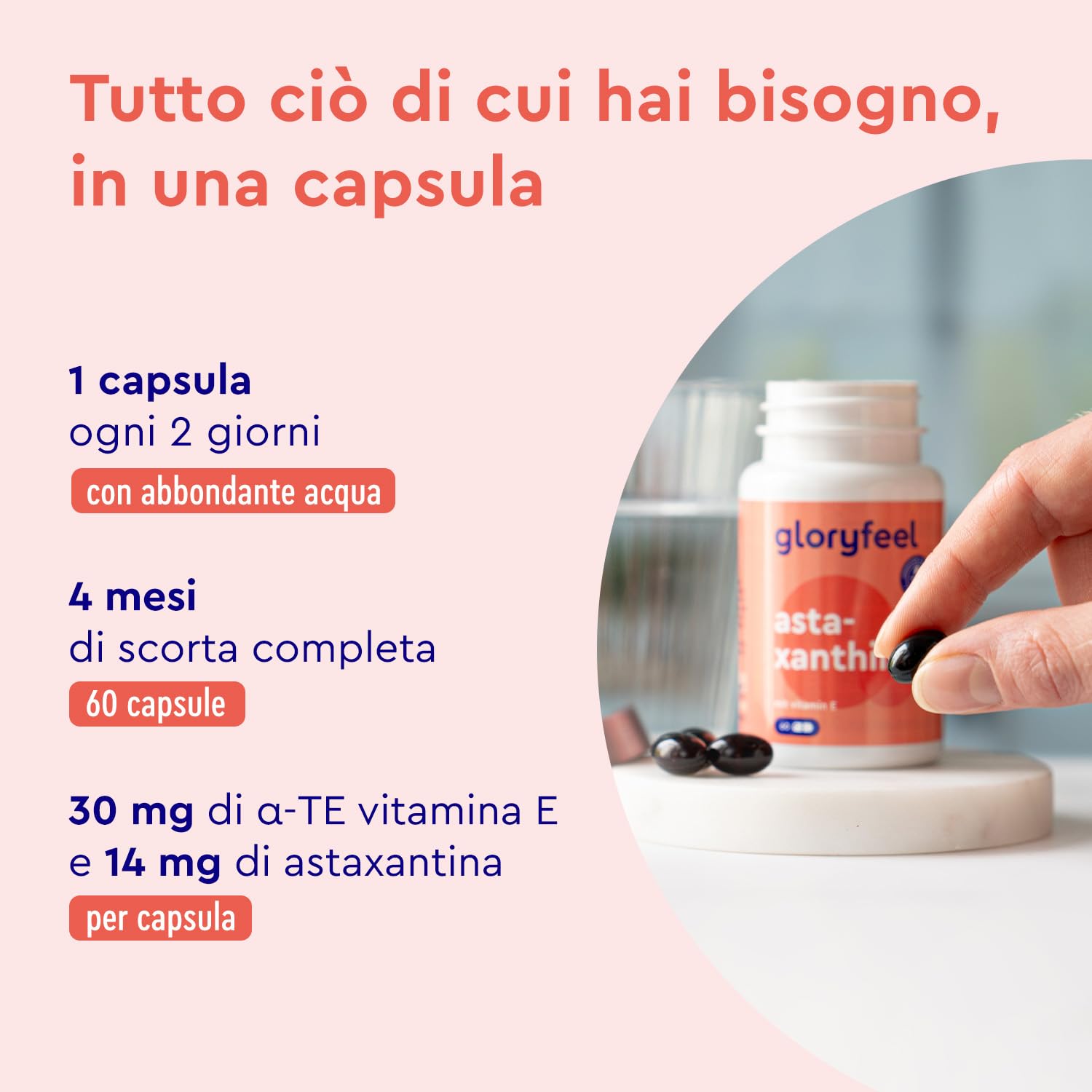 Astaxantina Naturale, 14 mg da 190 mg di Estratto di Haematococcus Pluvialis, Alto Dosaggio, 60 Capsule, Astaxantina con Vitamina E, Potere Antiossidante, Protegge le Cellule dallo Stress Ossidativo