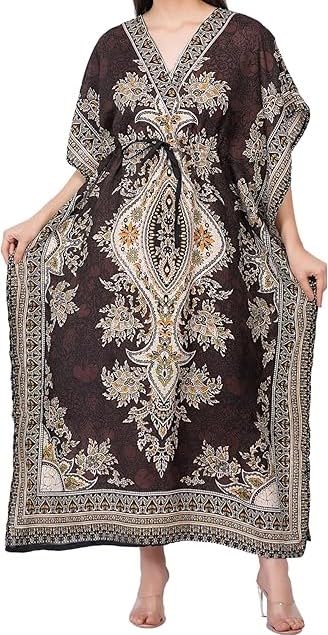 KoC Women's Kaftan Maxi Dress - Embroidered Georgette Farasha Caftan With Slip, Free Size (US 6-20), 58-60" Length