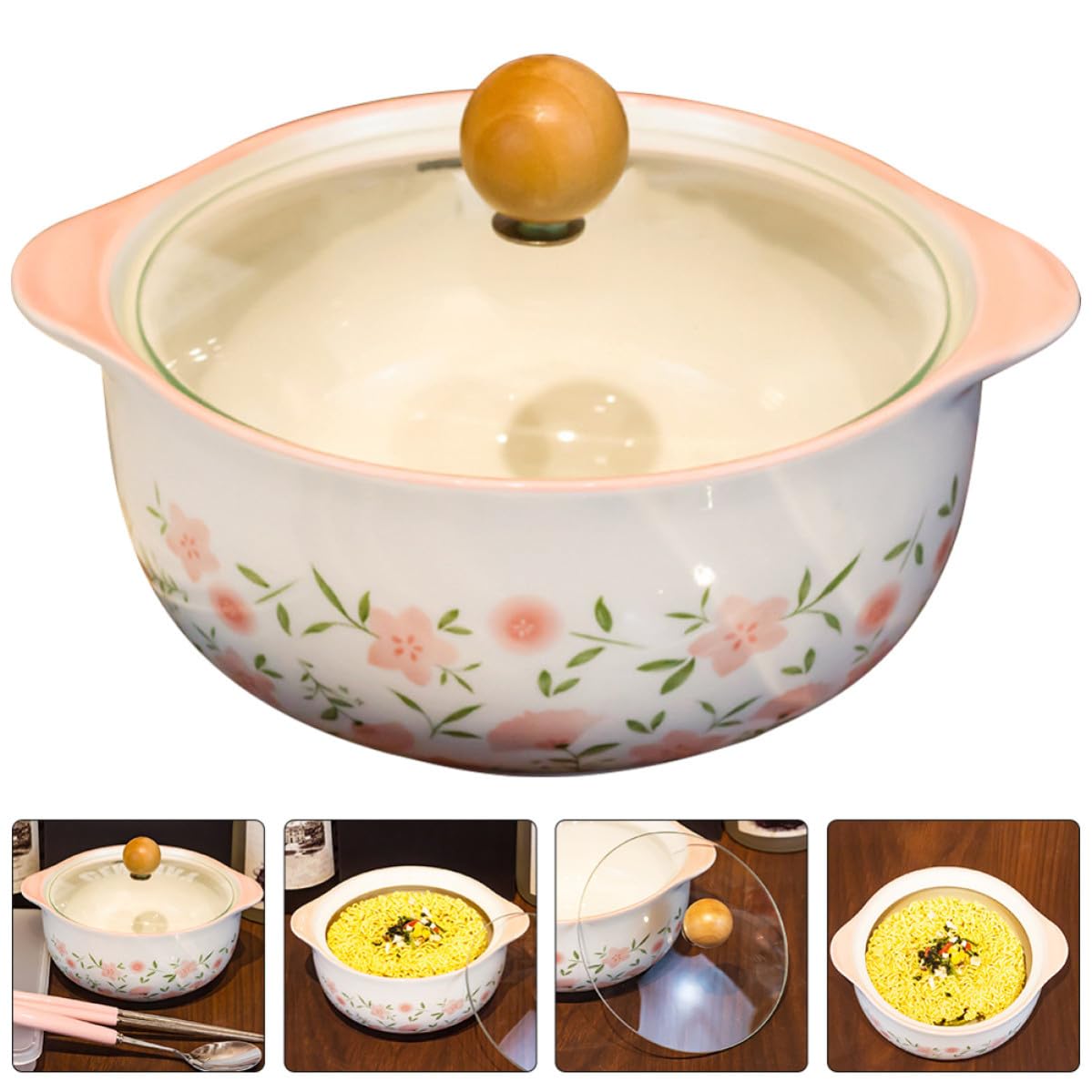 Sosoport Tazón de Ramen de Cerámica Resistente al Desgaste Tapa, Apto para Microondas, Adecuado para Cocina y Fiestas, Diseño Simple y Multifuncional