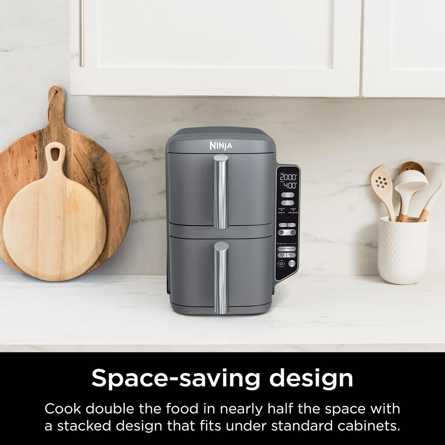 Ninja SL400 DoubleStack XL 2-Basket Air Fryer, Cooks 4 Foods at Once, Compact Design, 10 QT, 4-in-1, Smart Finish & Match Cook, Air Fry, Broil, Bake Grey (Renewed) (Ninja SL400-GREY)