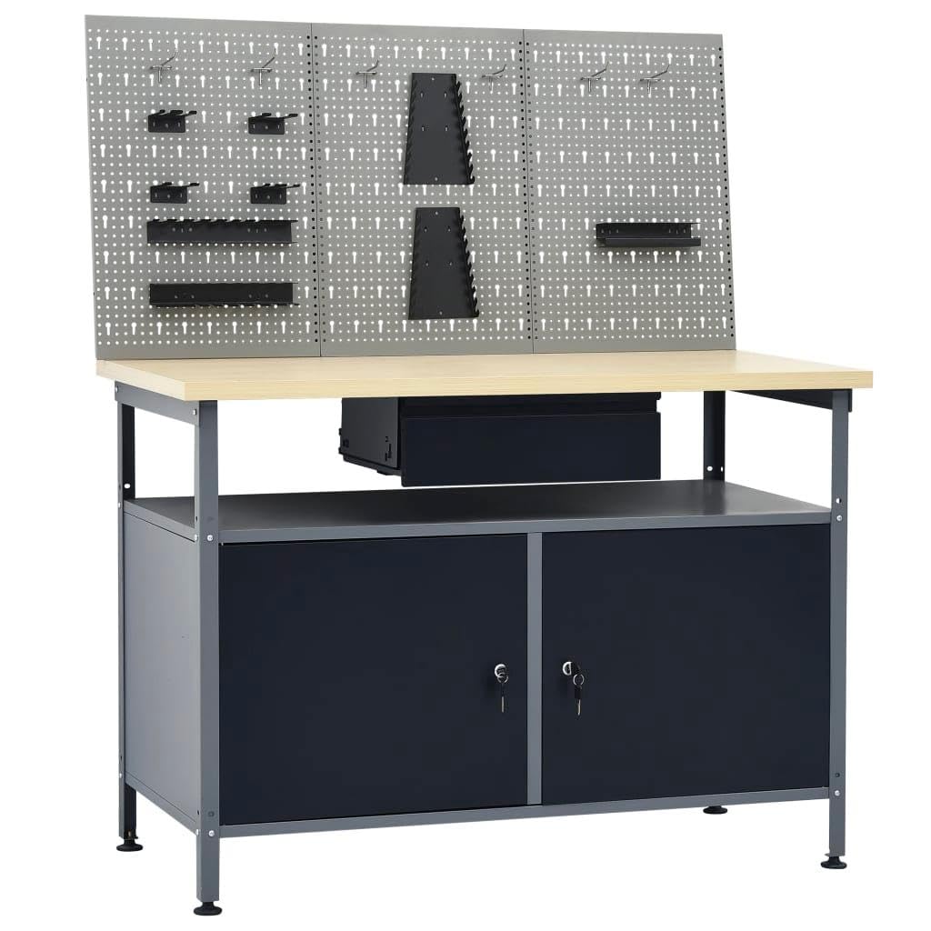Banco da lavoro 120 cm con 3 pannelli da parete e 1 armadio Laboratorio tavolo da lavoro, grigio nero 02_0003657