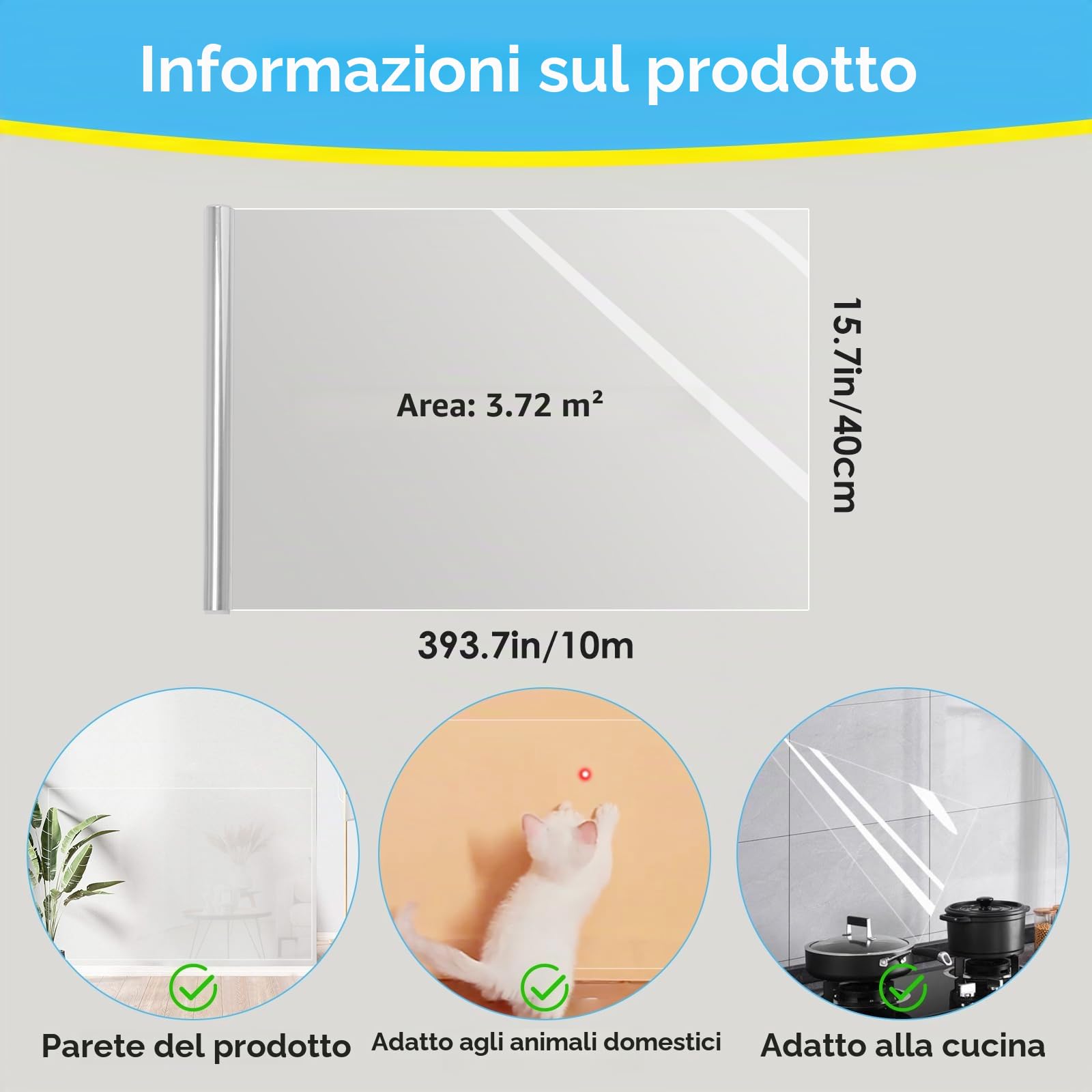 Pellicola Protettiva Elettrostatica per Parete, Pellicola Protettiva Trasparente per Pareti, Carta Adesiva, Pellicole Elettrostatiche Trasparenti Rimovibili per Paraschizzi e Pareti (15,75" X 393")