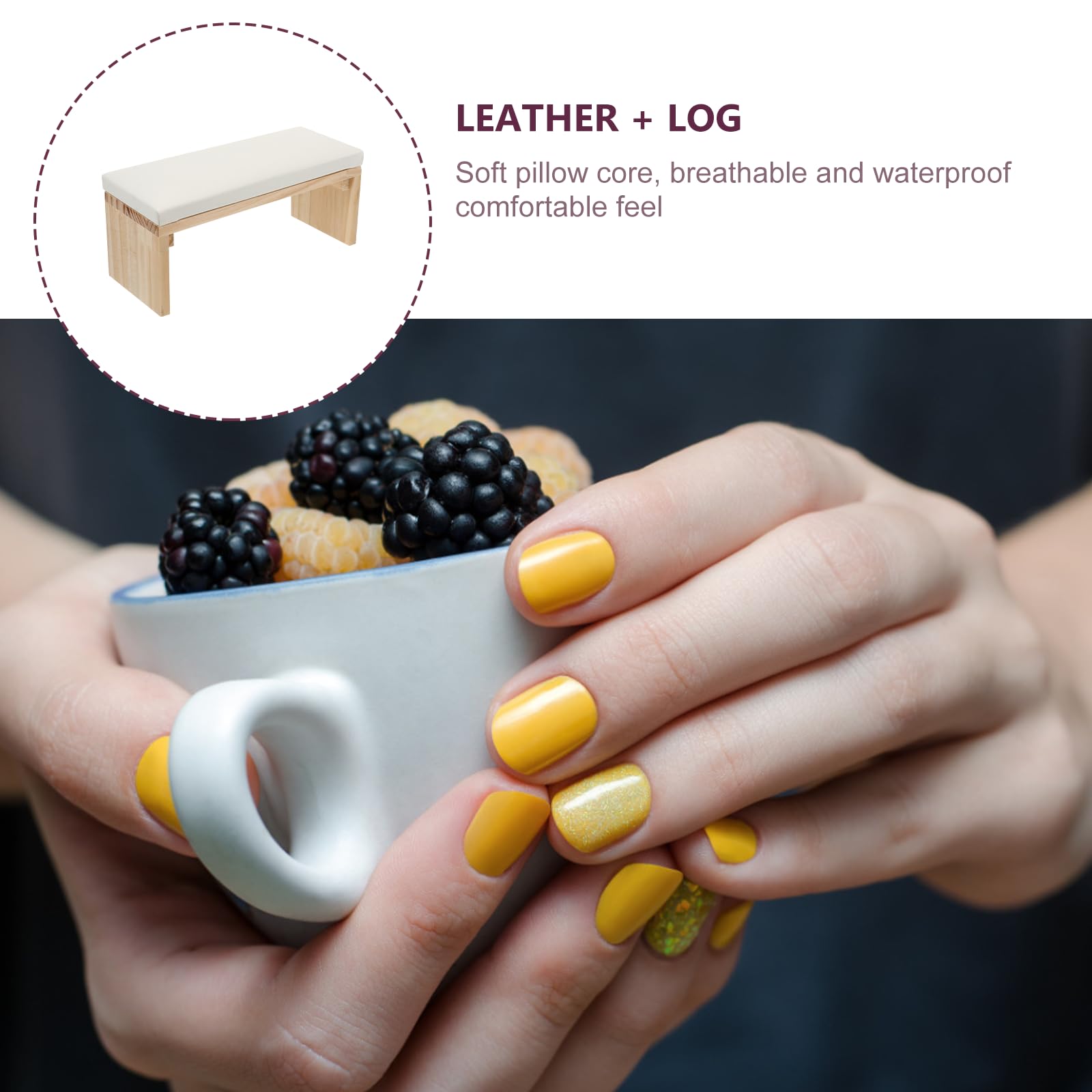 Mikikit Cojín de Mano para Manicura de Cuero y Madera, Reposabrazos Ergonómico Multipropósito que Ahorra Espacio para Uso en Salones Profesionales y Hogar DIY