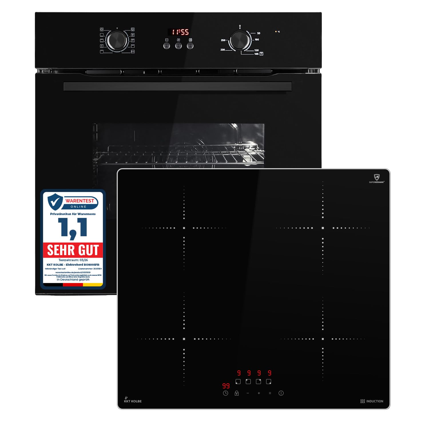 KKT KOLBE Juego de cocina autosuficiente | 60 cm horno empotrado negro BO8005FB | 59 cm placa de inducción IH85900ED | parrilla de aire caliente | temporizador | acristalamiento de protección térmica