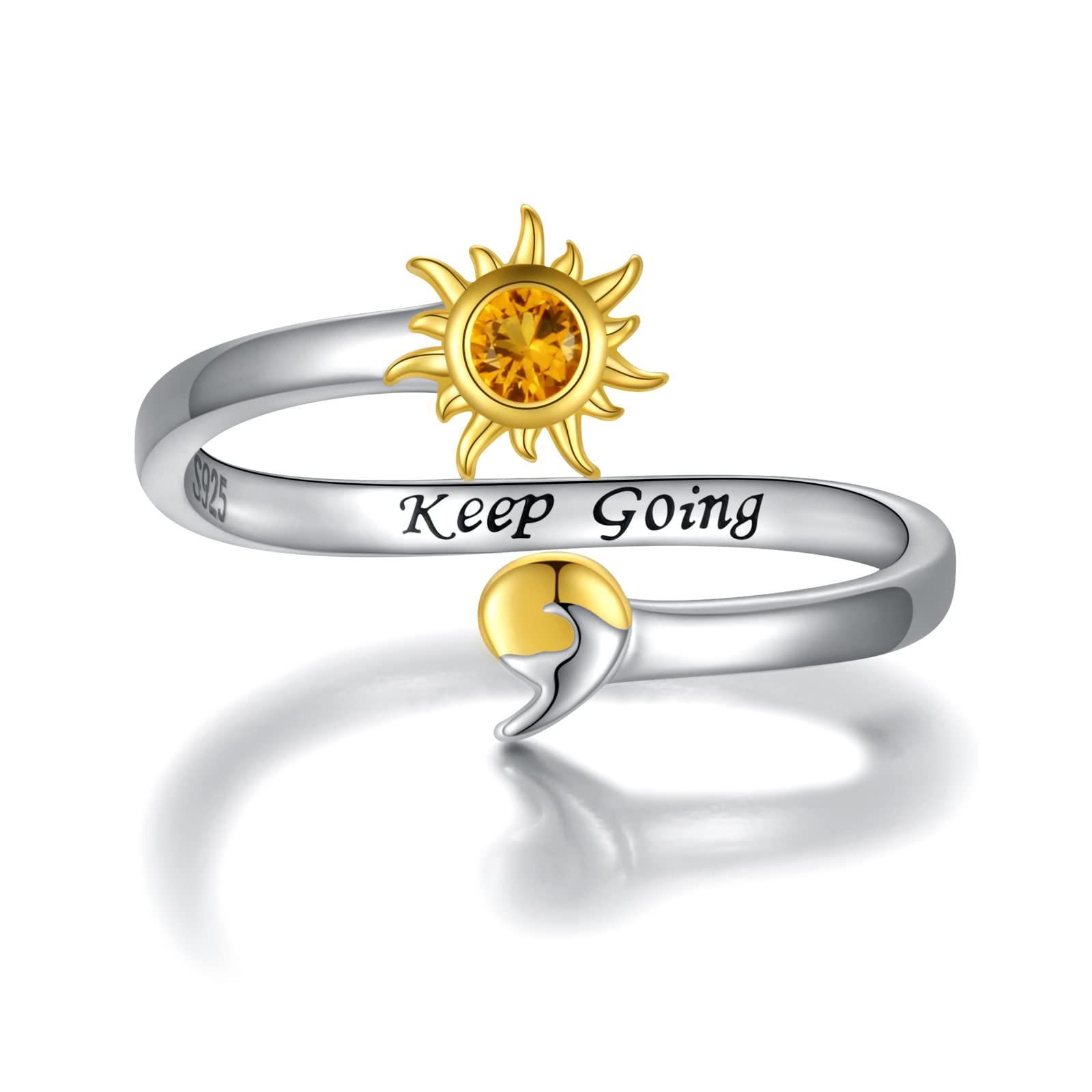 Mic Tai925 Sterling Silver Semicolon Ring - Gold Sun Wave Rings Engraved Keep Going Jewelry Inspirational Gifts for Women