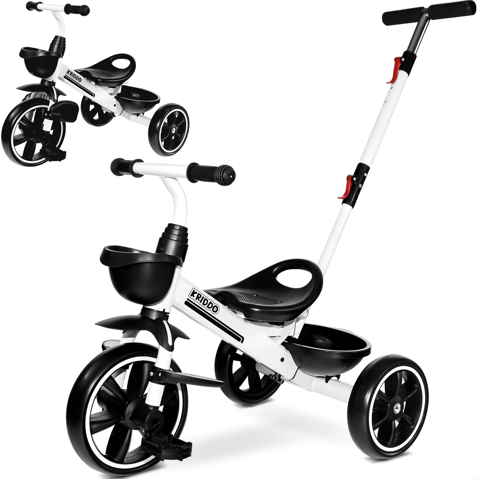 KRIDDO 2-in-1 Toddler Tricycle for Ages 18 Months to 5 Years Old - Extended Push Handle for Effortless Push, Gift Trike for Toddler 3 to 5 Year, Kids Tricycle with Foldable Front Footrest, White