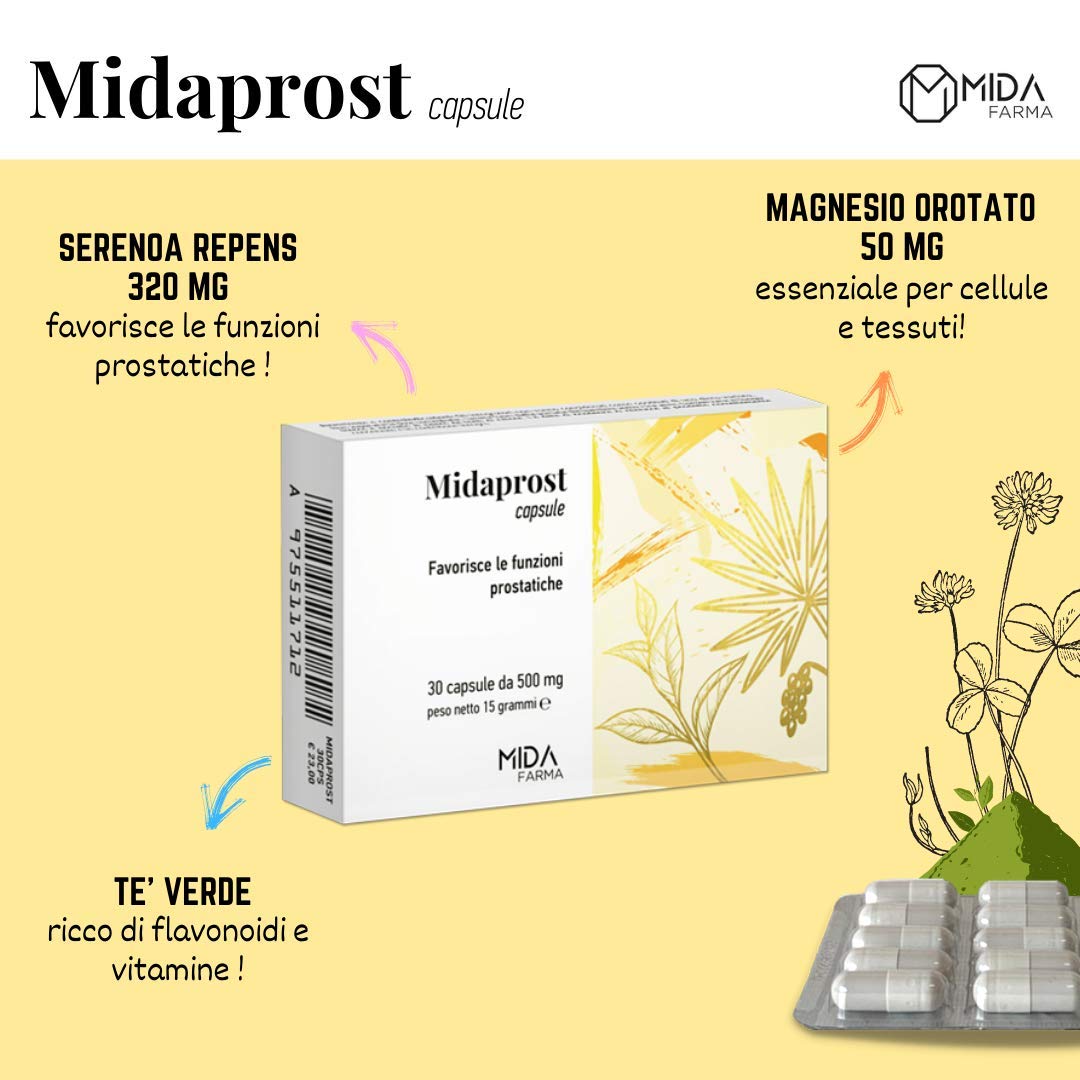 MIDAPROST Capsule | Serenoa Repens (Saw Palmetto) 320 mg, Tè Verde e Magnesio | Per trattamento e prevenzione di Prostata Ingrossata, Ipertrofia Prostatica Benigna e Prostatite | 30 Capsule