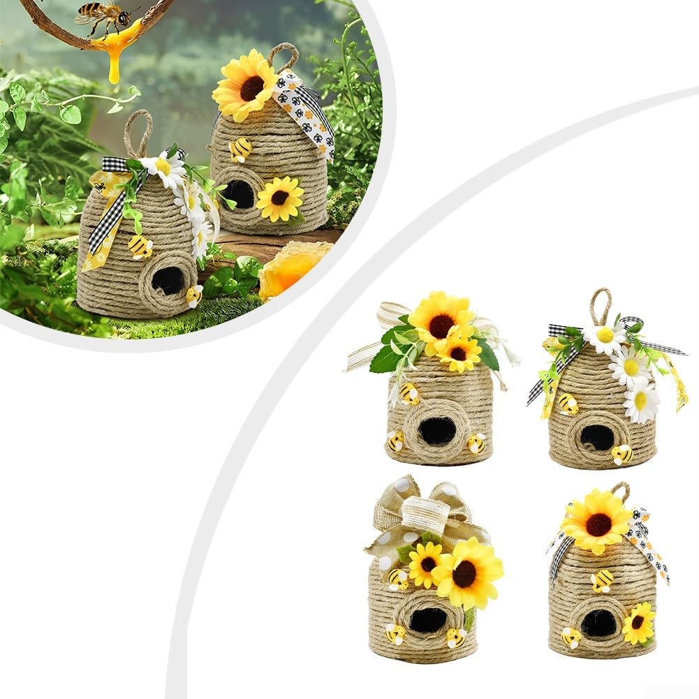 FACAIIO Handgefertigter Jute-Bienenstock-Ornament mit Holzbienen, Büffelkariertes Band, Landhaus-Dekoration (A und A)