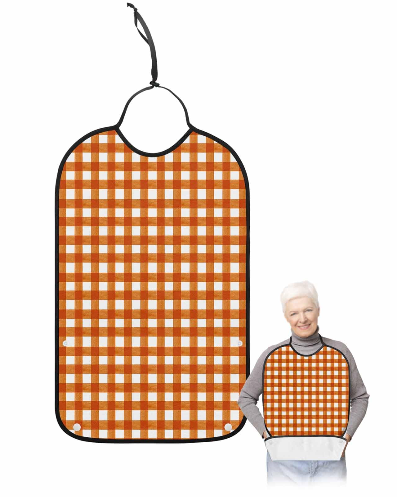LEOKOTI Burnt Orange Checkered Adult Bibs for Eating, Waterproof Bibs with Food Catcher & Adjustable Snap Closure, Farmhouse Buffalo Plaid Washable Clothing Protectors Adult Bibs for Elderly Women/Men