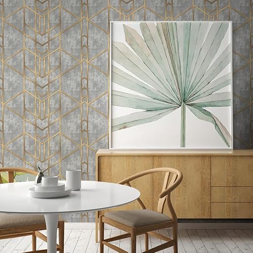 Miniatura 6 de Papel tapiz moderno de línea geométrica doradagris, autoadhesivo, extraíble, fácil de despegar en papel de pared para dormitorio, gabinete de