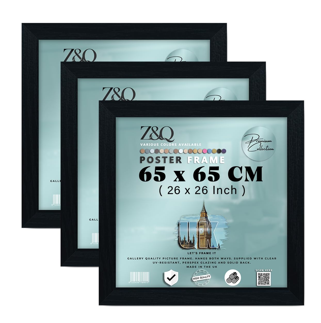 Z&Q pack of 3 MDF Poster Frame (65 x 65 CM) Engineered Wood, Stylish Wall Décor 26 x 26 Multi-Purpose Use, 650 x 650 mm [ Black ]