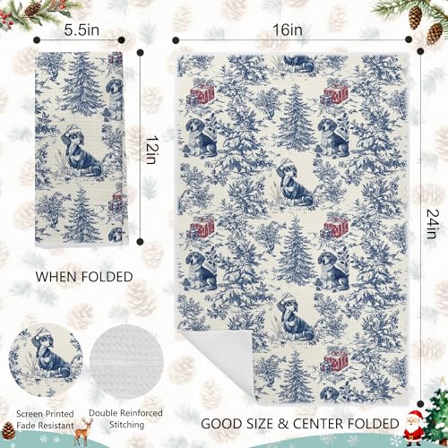 Image of Blue Dachshund Christmas Kitchen Towels,Vintage Dog Lover Gifts Dish Tea Towels for Kitchen,French Chinoiserie Holiday Decorative Hand Towel for Bathroom, 16x24 Inch