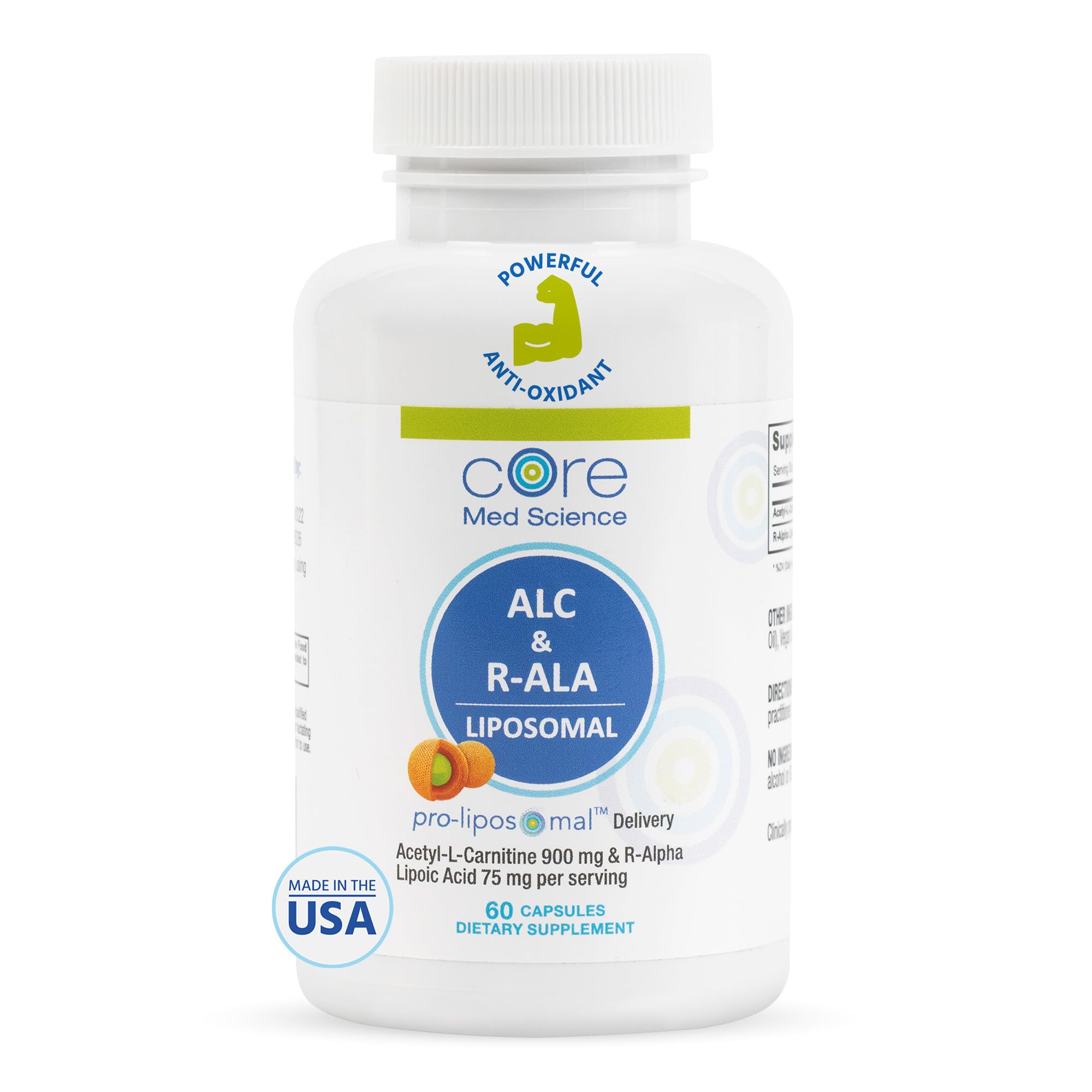 Core Med Science Liposomal ALC and R-ALA 900mg Acetyl L-Carnitine and 75mg R-Alpha Lipoic Acid - 60 Capsules - Antioxidant Amino Acid Supplement