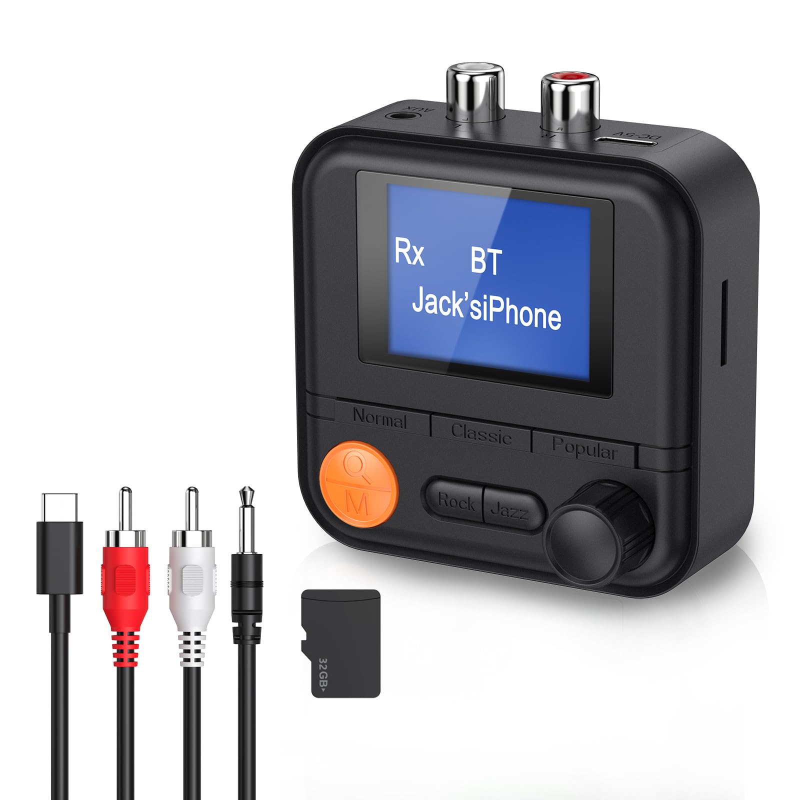 ORIA Adapter Bluetooth 5.2, 2 w 1, odbiornik Bluetooth AUX z ekranem 1,4", 5 trybów EQ, kabel AUX i RCA, bezprzewodowy adapter muzyczny Bluetooth do radia samochodowego, domowego stereo, słuchawek,