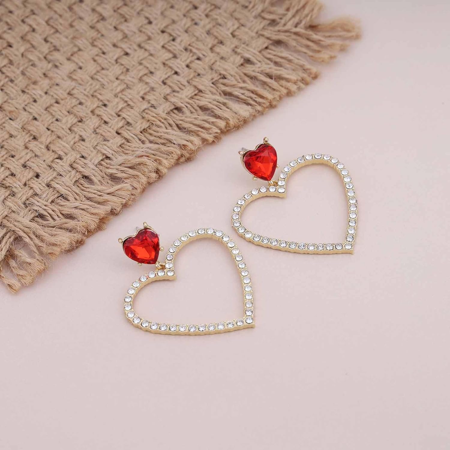 Andelaisi Boho Crystal Heart Dangle Earrings Red Ruby Heart Stud Earrings Glitter CZ Hollow Heart Drop Earrings Large Heart Earrings Jewelry for Women - Image 4