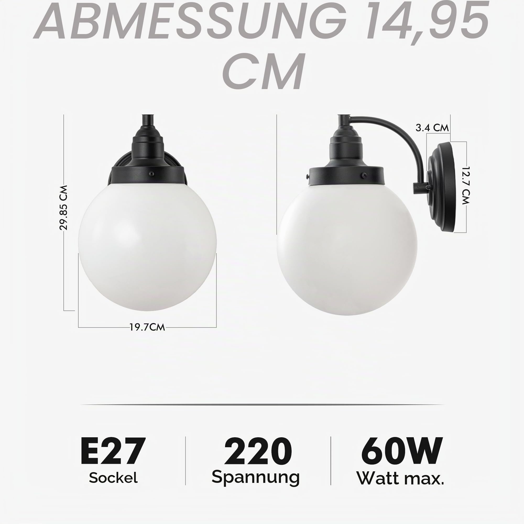 FTL Wandlampe Aussen Glaskugel, Industrial Außenwandleuchten, E27 Gartenwandleuchte, Ausenbeleutung Hauswand, Retro Außen Laterne Wandleuchte für Eingangstür, Garage, Terrasse, IP44 Wasserdicht