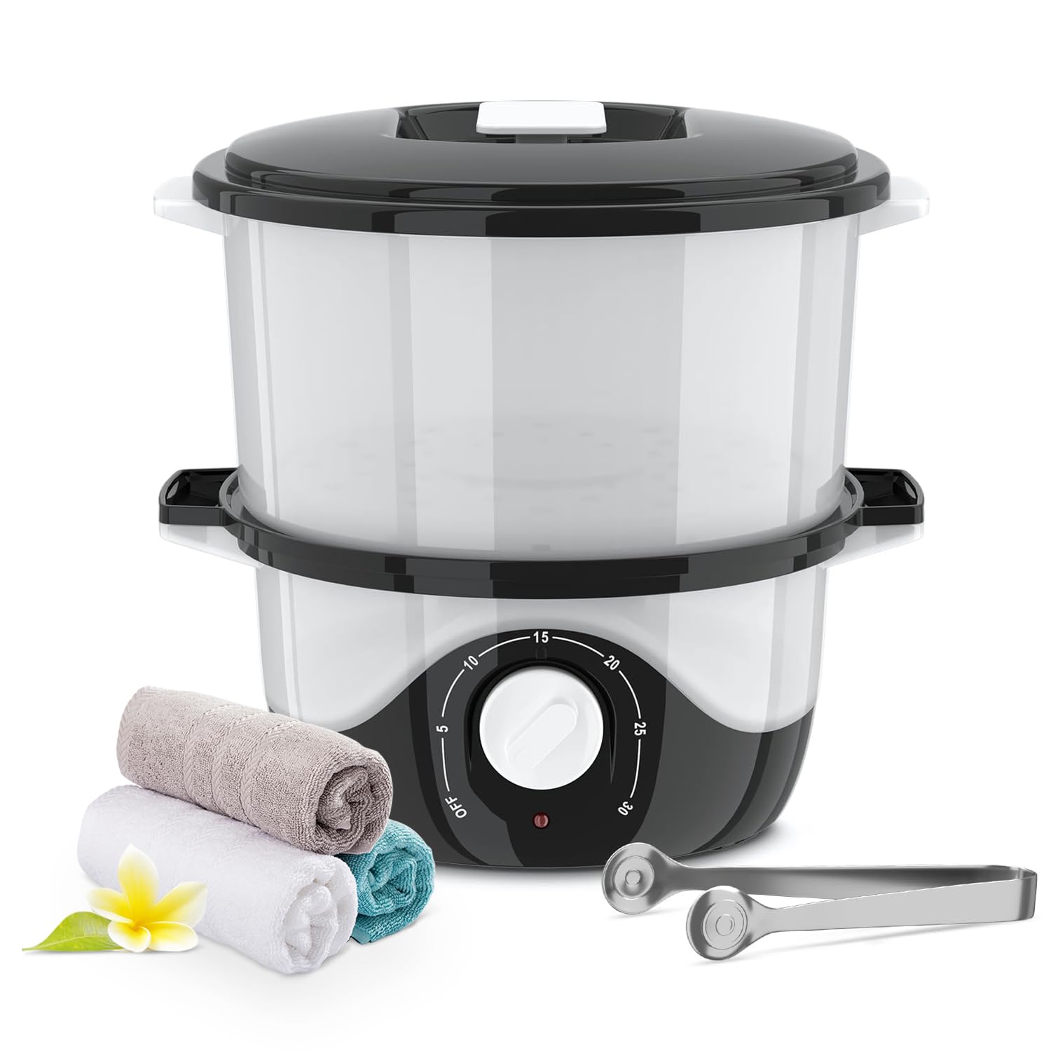 Towel Steamer Hot Towel Warmer Quickly Heating Towel Heater Hold 12 Wet Washcloths Black Color with Tongs for Spa, Beauty Salon and Home Use