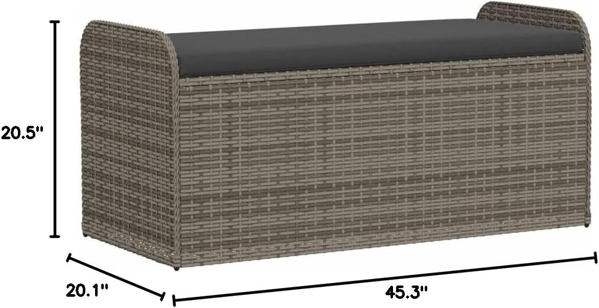 Grey PE Rattan Storage Bench with Powder-Coated Steel Frame and Polyester Cushion, Weather-Resistant Outdoor Seating for Patio Garden, Hidden Compartment Organizer,