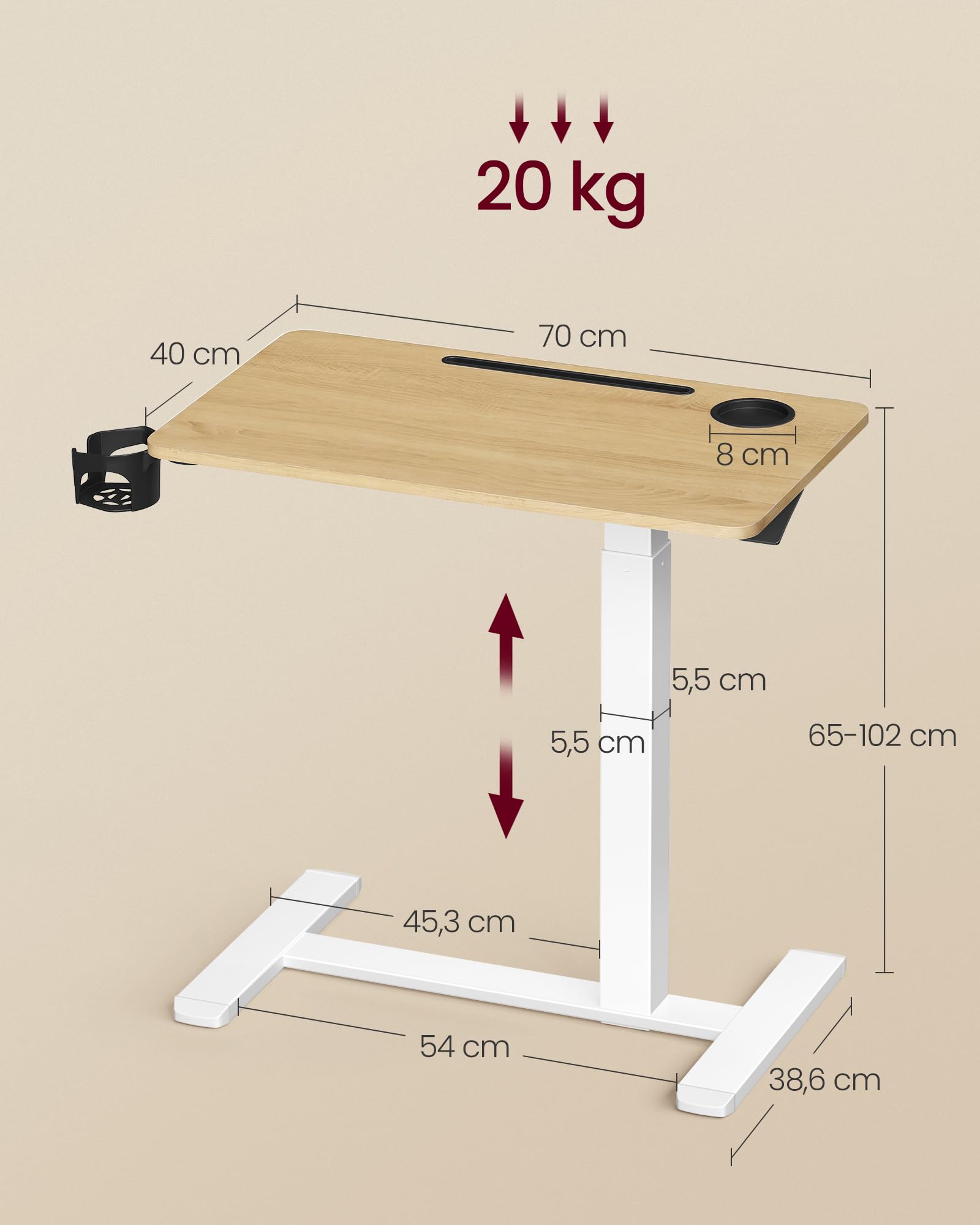VASAGLE Escritorio con Ruedas, Mesa Auxiliar, Tablero de 70 x 40 cm, Altura Ajustable, 2 Portavasos, Ranura para Teléfono Móvil o Tableta, Roble Dorado y Blanco Mate LSD600YA01