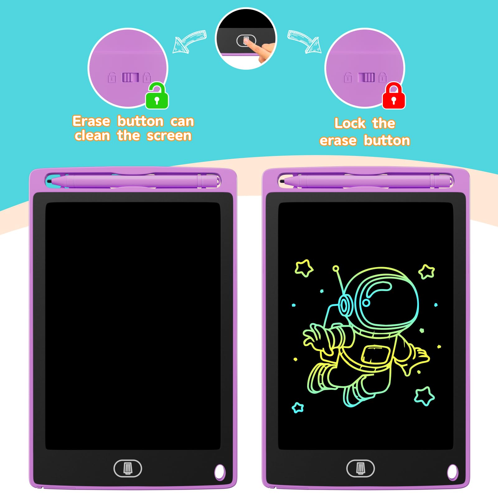 Electight 8.5 Pouces Tablette d'Écriture LCD Colorée avec Verrouillage & Effacement, Jouet Éducatif Enfants, Bleu+Rose+Violet