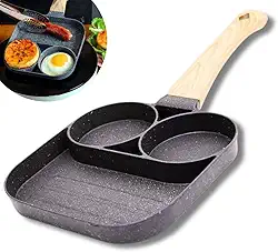 Frigideira Antiaderente Compacta com Divisórias Alumínio Resistente Panela Ovos Bacon Hambúrguer Cabo Emborrachado Madeira (3 Divisórias)