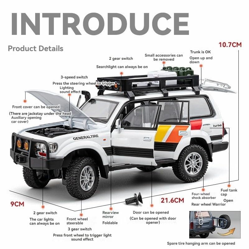Image of Tivota Land Cruiser LC80 1:24 Diecast Metal Car - Openable Doors, Sound&Light, Pull Back Action,Collectible Toy Car for Kids - Durable & Realistic Model Collectors (White)