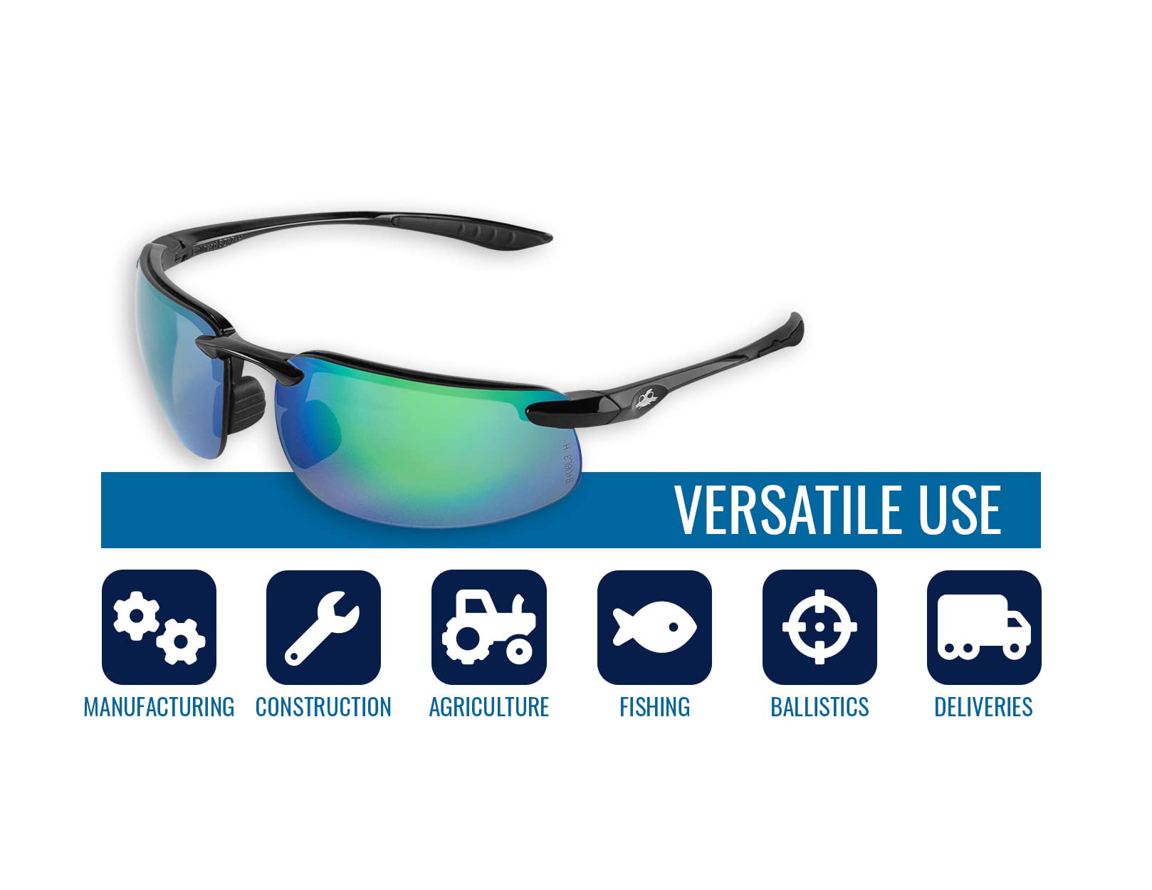Bullhead Safety Bowfin - Gafas de seguridad polarizadas con tecnología de niebla de rendimiento, gafas de luz azul con protección de luz UV y revestimiento antiarañazos, lentes de espejo verde, marco