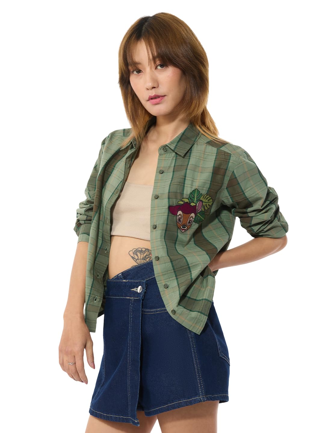 the souled store Botanic Drip Women and Girls Full Length Sleeves Collared Green Embroidered Checked Cotton Regular Fit Lightweight All-Season Casual Shirt-picture-12