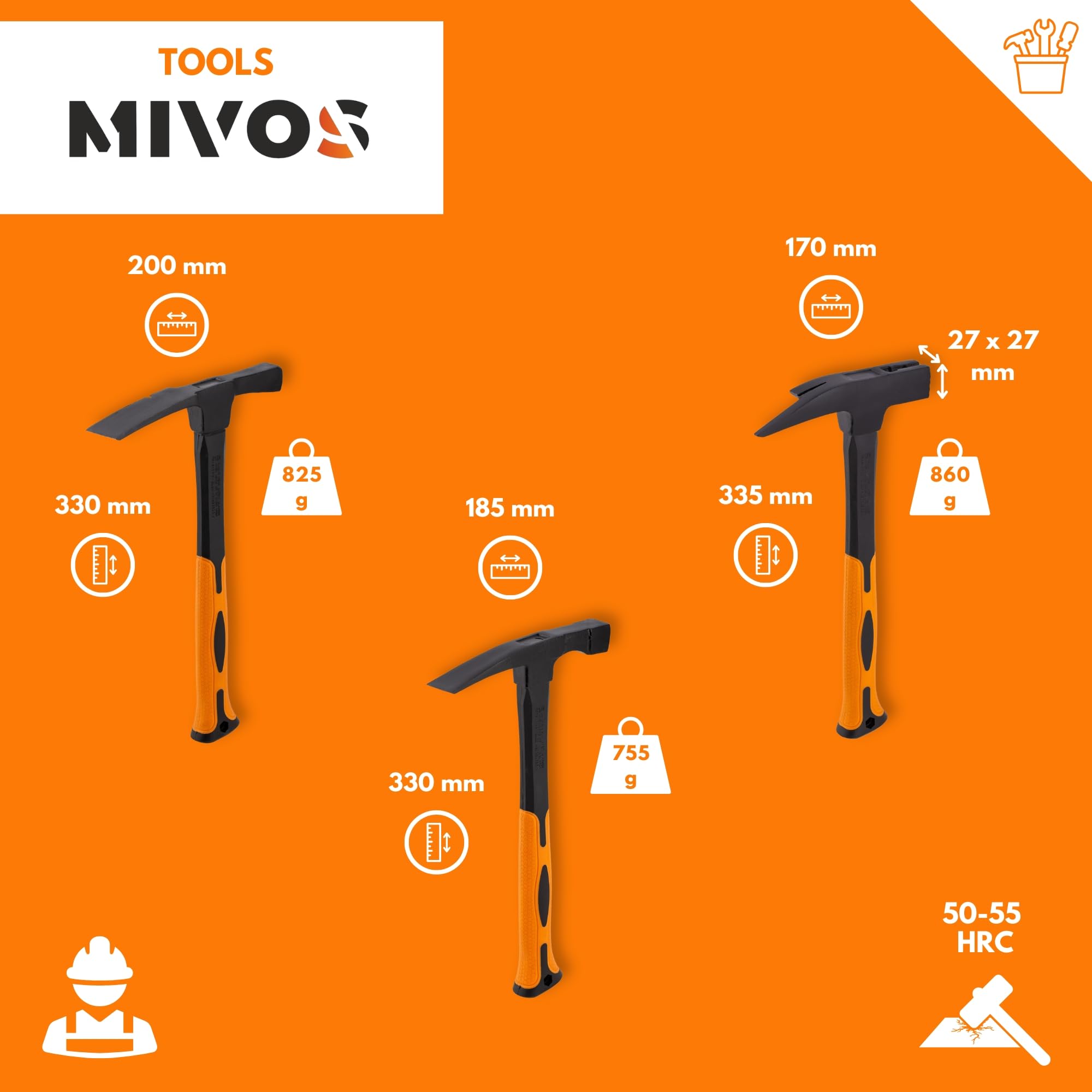 MIVOS Set di 3 martelli con manico in fibra di vetro 2K – Martello da mattone – Martello da muratore – Martello in acciaio con impugnatura in gomma anti-vibrazione e testa in acciaio forgiato 600 g –